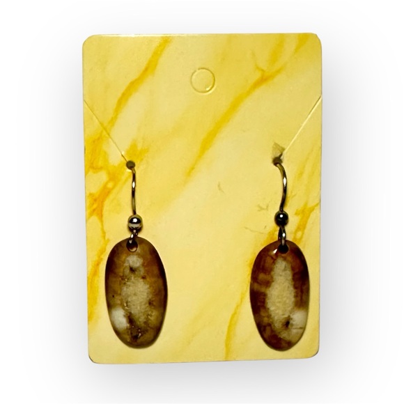 Jewelry - Brown Agate Quartz Oval Dangly Drop Earrings Silver Hardware
